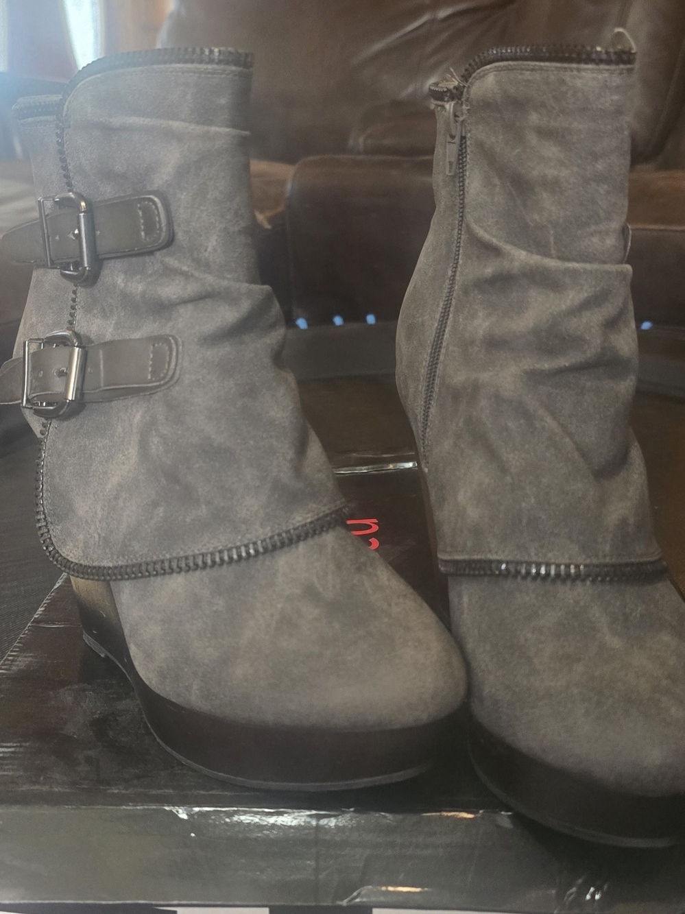 Not Rated Gray Suede Buckle Wedge Ankle Boots - Picture 5 of 12